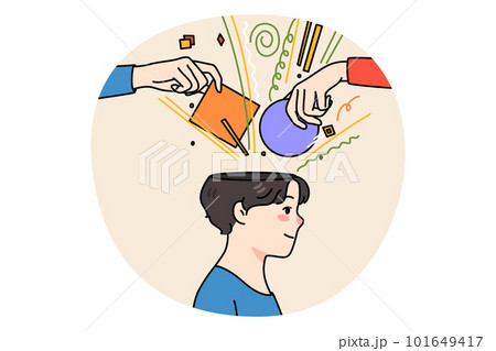 People hands put objects in man head People hands put objects in man head 101649417