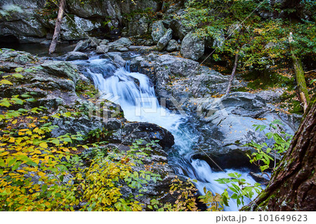 Yellow foliage and rocks surround river with cascading waterfalls in New York 101649623