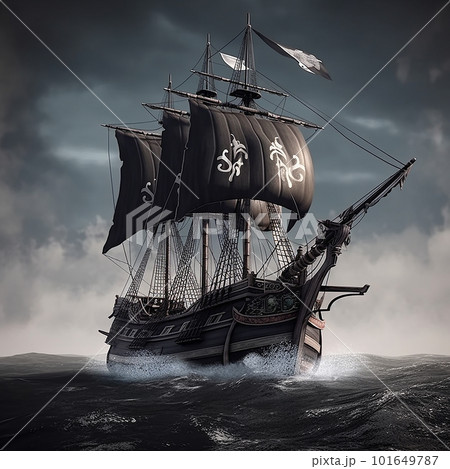 Vintage pirate sailboat with black sails against the backdrop of a stormy sky and the black sea, fabulous gloomy illustration 101649787