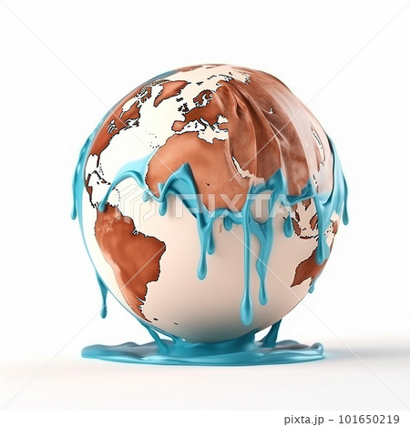 The globe, the globe melts and flows, water flows down, on a white background, the concept of climate warming, melting glaciers, environmental protection 101650219