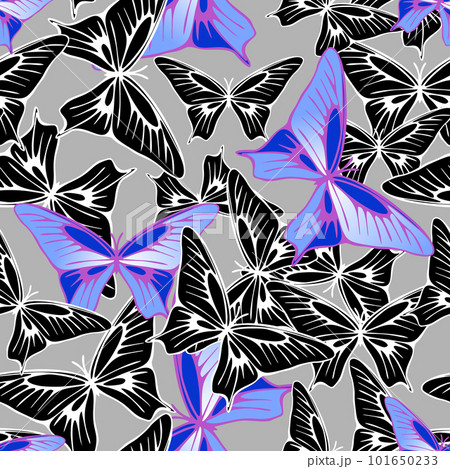 seamless pattern of blue-black butterflies on a gray background, texture, design 101650233