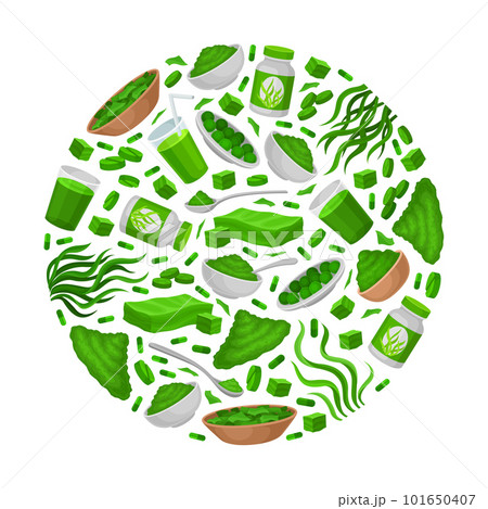 Seaweed Spirulina Round Composition Design with Green Superfood Vector Template 101650407