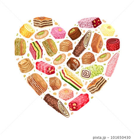 Oriental Sweets Heart Shaped Composition Design with Sugary Dessert Vector Template Oriental Sweets Heart Shaped Composition Design with Sugary Dessert Vector Template 101650430