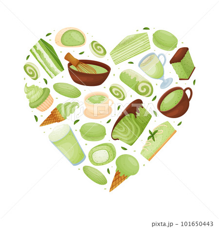 Matcha Food and Drink Heart Shape Composition Design with Tasty Dessert Vector Template 101650443