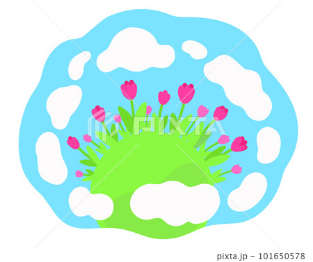 Red tulips growing on lawn under blue sky with clouds. Spring bloom flat color vector illustration on white background. 101650578