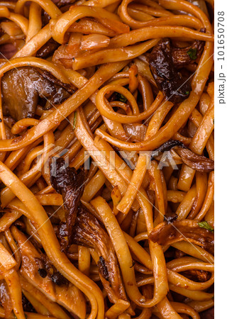 Delicious noodles or udon with mushrooms, salt, spices and herbs 101650708
