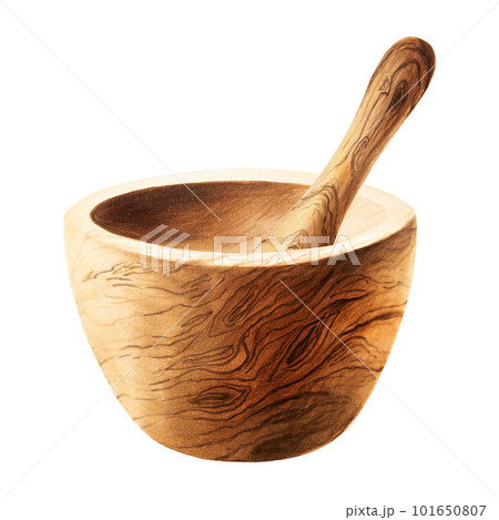 Watercolor wooden mortar and pestle isolated on white background. Beauty products and botany elements, cosmetology and medicine. For designers, spa decoration, postcards, wrapping paper, scrapbooking 101650807