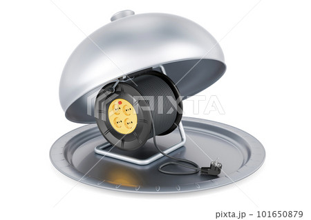 Restaurant cloche with industrial cable reel, 4 sockets, ergonomic handle. 3D rendering Restaurant cloche with industrial cable reel, 4 sockets, ergonomic handle. 3D rendering 101650879