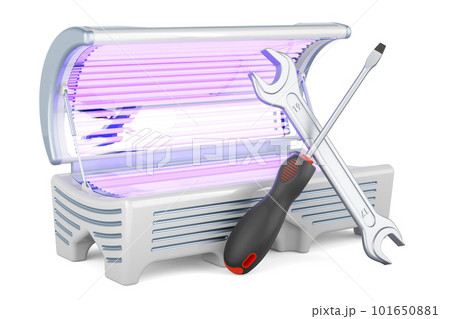 Tanning Bed with screwdriver and wrench, 3D rendering Tanning Bed with screwdriver and wrench, 3D rendering 101650881