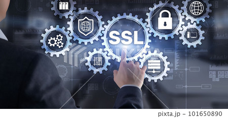 SSL Businessman pressing virtual screen Secure Sockets Layer concept. Cryptographic protocols provide secured communications 101650890
