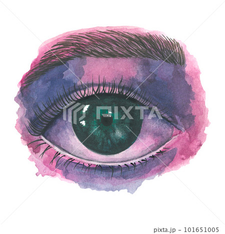 Green eye on pink background. Watercolor illustration on a transparent background made by hand Green eye on pink background. Watercolor illustration on a transparent background made by hand 101651005