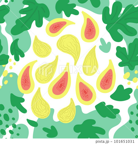 Green figs fruits, leaves and abstract shapes. Vector flat seamless pattern in pastel colors on white. Green figs fruits, leaves and abstract shapes. Vector flat seamless pattern in pastel colors on white. 101651031