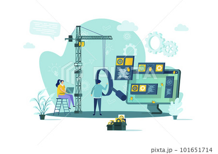 Software testing concept in flat style. Engineer debugging web application scene. Software testing and quality assurance, search of bugs banner. Vector illustration with people characters in situation Software testing concept in flat style. Engineer debugging web application scene. Software testing and quality assurance, search of bugs banner. Vector illustration with people characters in situation 101651714