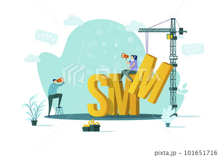 SMM concept in flat style. Marketer announce in megaphone scene. Digital marketing campaign, announcement and promotion web banner. Vector illustration with people characters in work situation. 101651716