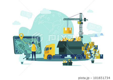 Logistics concept in flat style. Warehouse worker planning route on computer scene. Express delivery service, warehousing and distribution. Vector illustration with people characters in work situation Logistics concept in flat style. Warehouse worker planning route on computer scene. Express delivery service, warehousing and distribution. Vector illustration with people characters in work situation 101651734