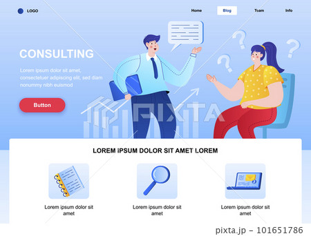 Consulting flat landing page. Consultant talking with client web page. Colorful composition with people characters, vector illustration. Business assistance, financial accounting and audit concept. Consulting flat landing page. Consultant talking with client web page. Colorful composition with people characters, vector illustration. Business assistance, financial accounting and audit concept. 101651786