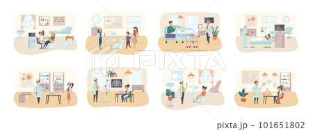 Medical care bundle of scenes with people characters. Laboratory research, diagnosis and treatment in clinic conceptual situations. Healthcare, reanimation and medicine cartoon vector illustration. 101651802