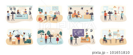 Journalism bundle of scenes with flat people characters. Breaking news, interviewing and live show conceptual situations. Journalist and cameraman making video reportage cartoon vector illustration. 101651810