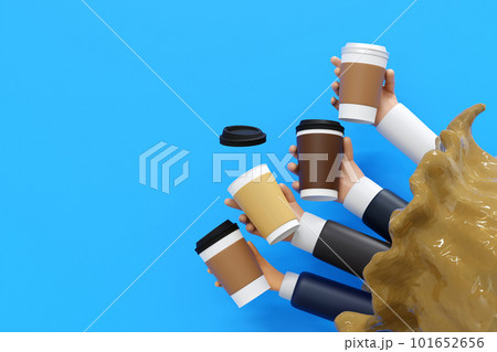 Hand holding paper coffee cup with blank labels over coffee liquid splash, mock up, 3D rendering. Hand holding paper coffee cup with blank labels over coffee liquid splash, mock up, 3D rendering. 101652656