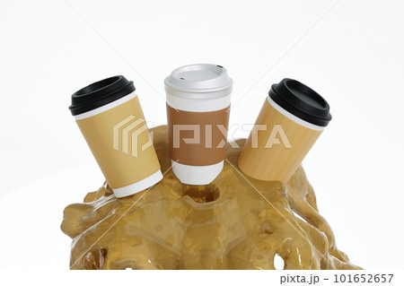 Paper coffee cup with blank labels floating over coffee liquid splash, mock up, 3D rendering. Paper coffee cup with blank labels floating over coffee liquid splash, mock up, 3D rendering. 101652657