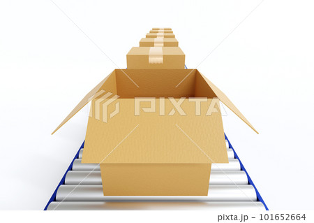 Cardboard box parcel on conveyor belt production line automated machine on white 3D render Cardboard box parcel on conveyor belt production line automated machine on white 3D render 101652664