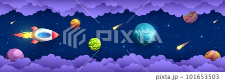 Space paper cut. Flying rocket in galaxy universe vector banner with cartoon planets, stars, comets and 3d layered origami borders of papercut clouds. Fantasy galaxy landscape for space travel themes 101653503