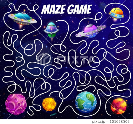 Kids galaxy labyrinth maze. Help to UFO find a space planet between fantasy universe stars vector game puzzle worksheet. Cartoon space map with maze paths, flying saucers, Earth, alien galaxy planets 101653505