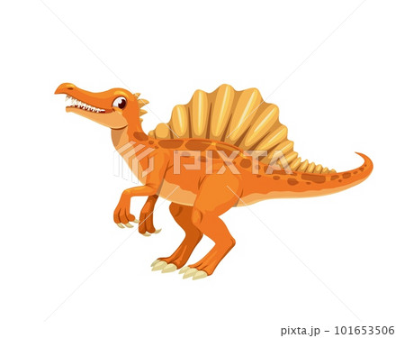 Cartoon Spinosaurus dinosaur character. Prehistoric lizard isolated vector cheerful personage. Extinct reptile, Mesozoic era animal or carnivorous dinosaur cute mascot with sharp teeth and spine hump 101653506