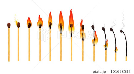 Burning match animation with fire flame burn sequence, vector cartoon wooden matchstick. Wood matches burning animated set of match stick ignite, burn and burnout smoke in sprite sheet animation 101653532