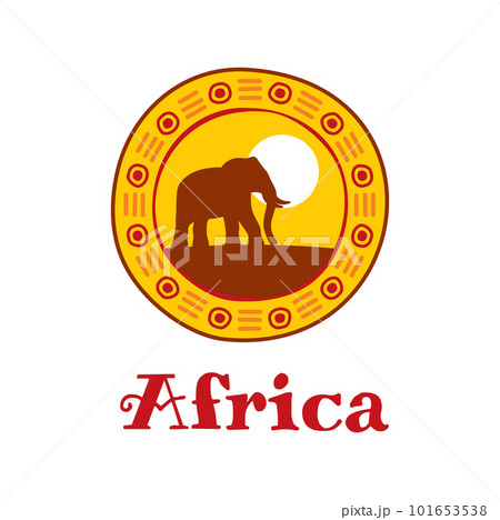 Africa icon. Elephant silhouette on sunset. African continent travel, Tanzania nature national park or Kenya tourism journey vector emblem, Nigeria wildlife icon or symbol with savanna animal 101653538
