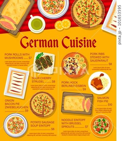 German cuisine menu page template. Noodles with brussel sprouts, pork rolls with mushrooms and ribs with sauerkraut, soup Eintopf, salmon pie and Berliner Eisbein, pie Zwiebelkuchen, cherry strudel 101653595