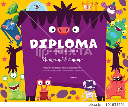 Kids diploma, cartoon funny monster characters and cute space alien personages. Vector education certificate, award or diploma with background frame of colorful flower, mushroom and dragon monsters 101653601