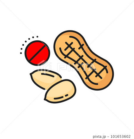 Peanut allergy color line icon. Food product allergy, nutrition ingredient intolerance line vector pictogram. Nut allergen or allergic diet prohibition, caution simple icon or sign with peeled peanuts 101653602