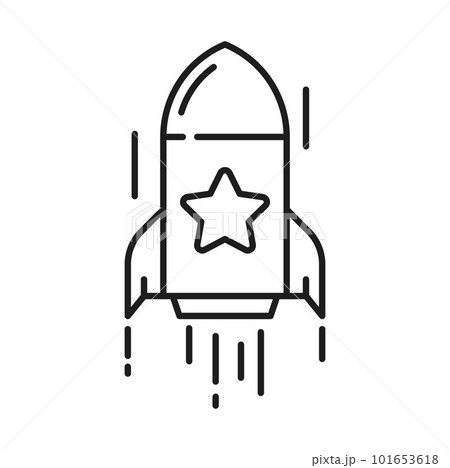Star rocket startup with favorite star, prize reward special bonus outline icon. Vector flaming spacecraft on start, speed spaceship, beginning of sale 101653618