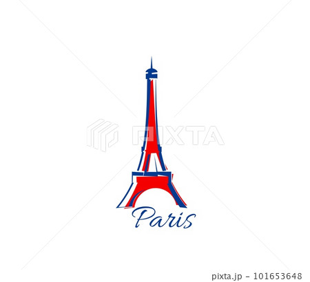Paris Eiffel tower icon, France travel and tourism landmark, vector French symbol. Eiffel tower tour and Paris city architecture with flag art, tourist monument and world famous building silhouette 101653648