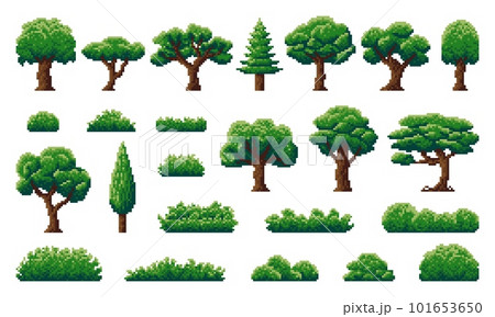 Pixel forest and jungle trees, shrub, grass and herb plants of 8 bit video game nature asset. Pixel art summer trees and bushes with green leaves and brown trunks, pine, oak, fir and maple plants 101653650
