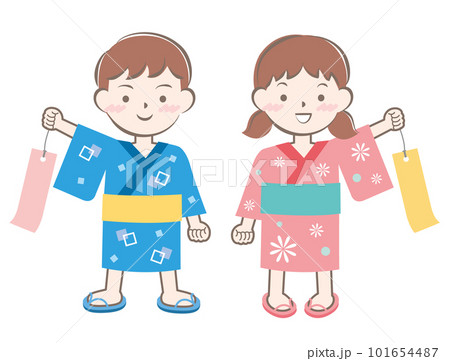 七夕　短冊を持つ浴衣姿の子供たち 101654487