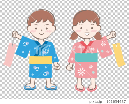 七夕　短冊を持つ浴衣姿の子供たち 101654487