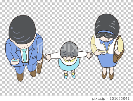 A color illustration of a parent and child walking while looking at a mobile phone from above 101655041