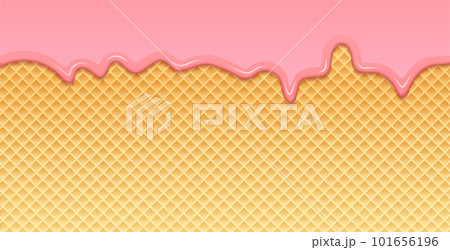 Pink strawberry cream melted waffle cone vector pattern. Icecream waffle sweet liquid biscuit candy 101656196