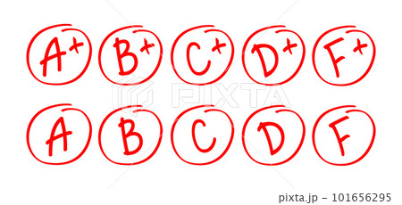 Grade circle marker school score icon. Exam grade plus mark vector student red symbol university 101656295
