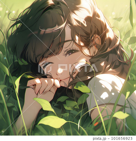 草原に気持ちよさそうに寝そべる少女「AI生成画像」 101656923