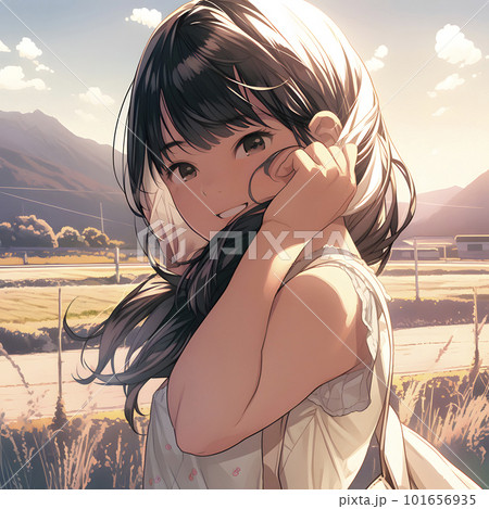 夕焼けの中に立つ女の子 後ろに広がる田園風景「AI生成画像」の