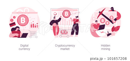 Digital money turnover abstract concept vector illustration set. Digital currency, cryptocurrency market, hidden mining, embed script development, blockchain technology, transaction abstract metaphor. Digital money turnover abstract concept vector illustration set. Digital currency, cryptocurrency market, hidden mining, embed script development, blockchain technology, transaction abstract metaphor. 101657208