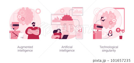 Cutting edge technology abstract concept vector illustration set. Augmented intelligence, artificial cognitive robotics, technological singularity, high tech, machine learning abstract metaphor. Cutting edge technology abstract concept vector illustration set. Augmented intelligence, artificial cognitive robotics, technological singularity, high tech, machine learning abstract metaphor. 101657235