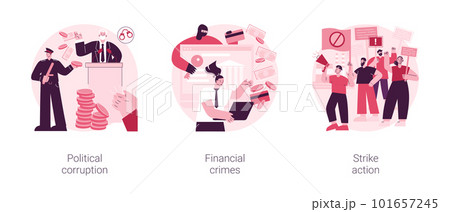 Scandal news abstract concept vector illustration set. Political corruption, financial crimes, strike action, labor union stop working, bribery and tax offense, investment scam abstract metaphor. 101657245