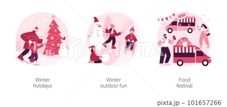 Family time outdoors abstract concept vector illustration set. Winter holidays, outdoor fun, food festival, Christmas eve, new year celebration, building a snowman, snowball fight abstract metaphor. 101657266