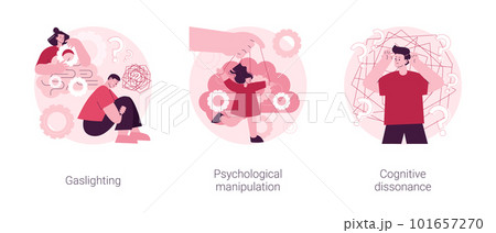 Mental abuse abstract concept vector illustration set. Gaslighting, psychological manipulation, cognitive dissonance, emotional blackmailing, social engineering, missing out abstract metaphor. 101657270