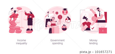 Money distribution abstract concept vector illustration set. Income inequality, government spending, money lending, salary gap, country budget, bank credit, individual loan, welfare abstract metaphor. 101657271