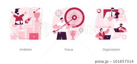 Setting big goal abstract concept vector illustration set. Business ambition, focus on success, self-organization ability, training personal skill, leadership, making fast career abstract metaphor. 101657314
